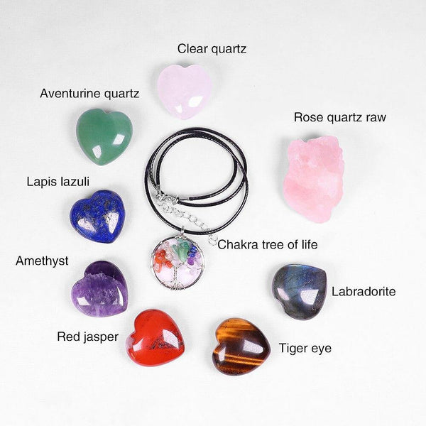 7 Hearts Chakra Crystal Set with Rose Quartz and Free Necklace - MystiqAmber