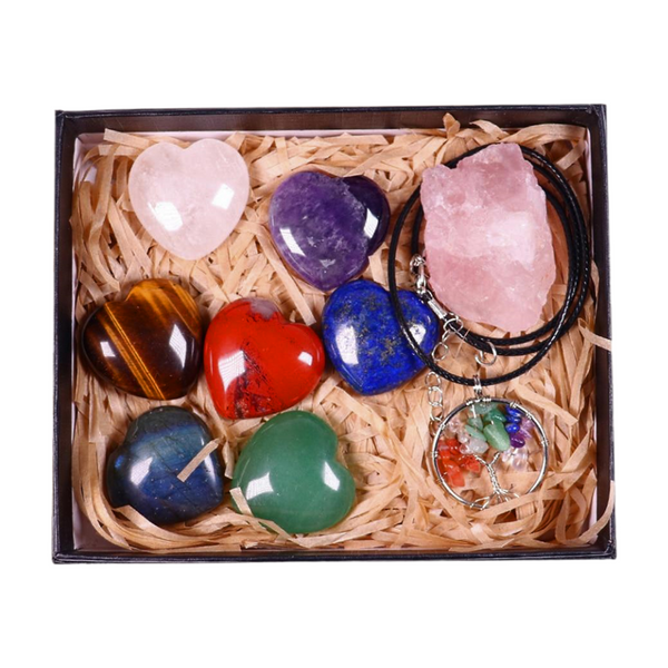 7 Hearts Chakra Crystal Set with Rose Quartz and Free Necklace - MystiqAmber