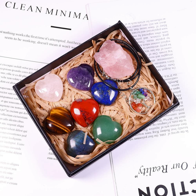 7 Hearts Chakra Crystal Set with Rose Quartz and Free Necklace - MystiqAmber
